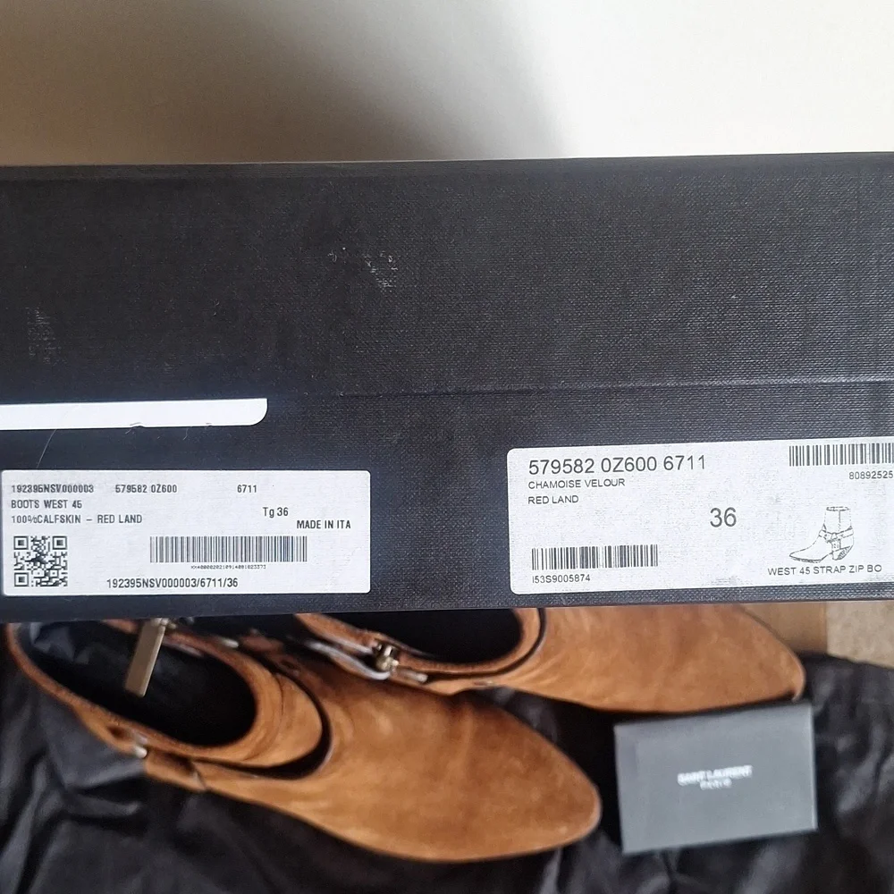 SAINT LAURENT YSL Suede Wyatt Harness Ankle Boots Cognac Size 36 Box Dust Bags